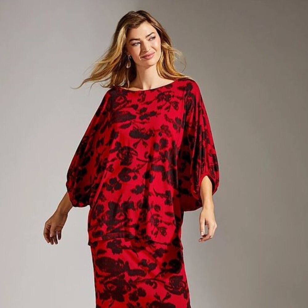 BRYN WALKER Wilder Tunic Top M L Dragon Red Boxy Oversized Dolman Sleeve NEW